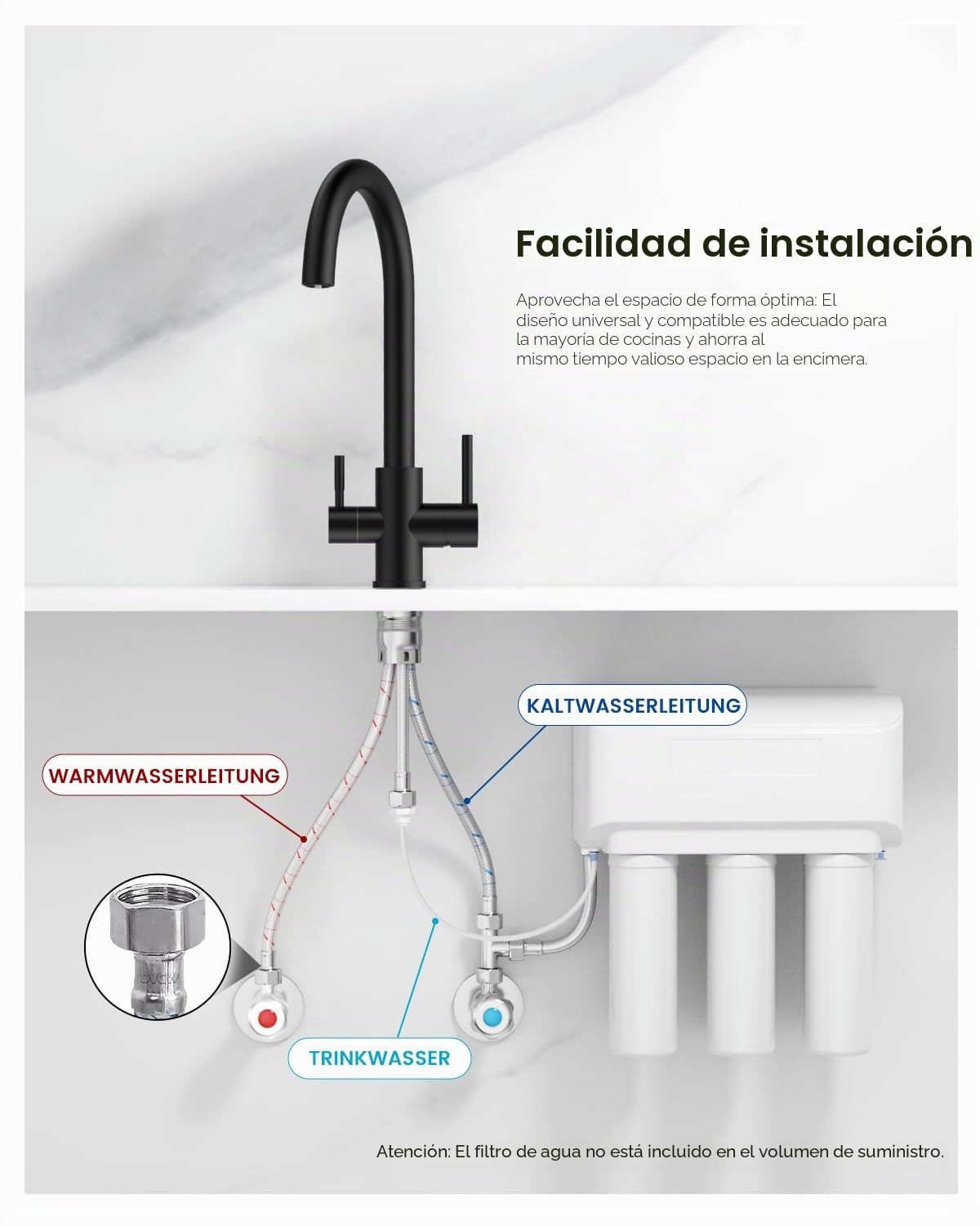 DAYONE Grifo de cocina de 3 vías, Negro Mate Grifo de Agua Potable con 2 Palancas, Grifo Giratorio 360° de Acero Inoxidable, Grifo Mezclador 3 en 1 para Filtro de Agua