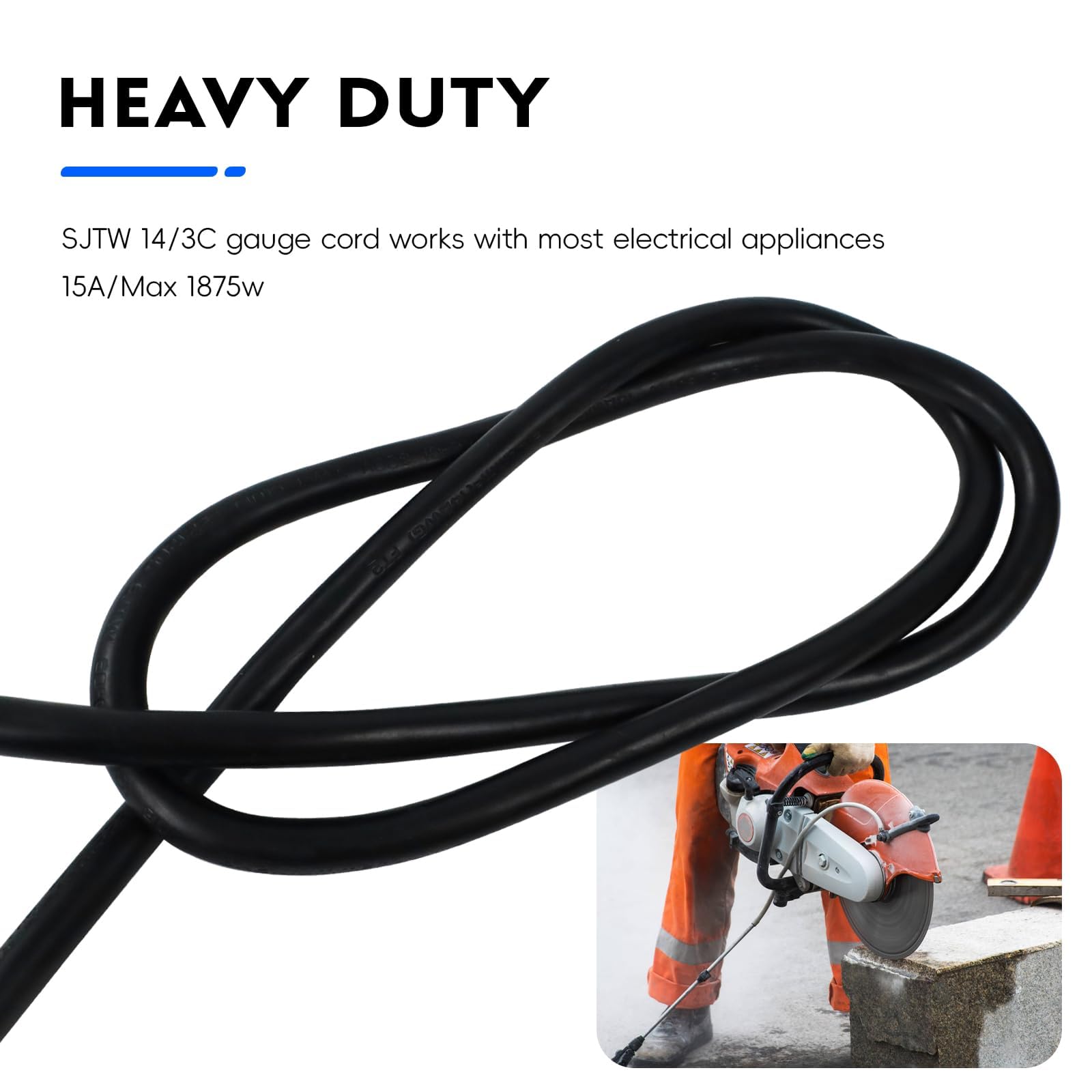 EP - Cable de extensión para exteriores iluminado de 50 pies, calibre 14/3, SJTW, cable de extensión negro resistente con enchufe de 3 puntas para mayor seguridad, ideal para jardín y