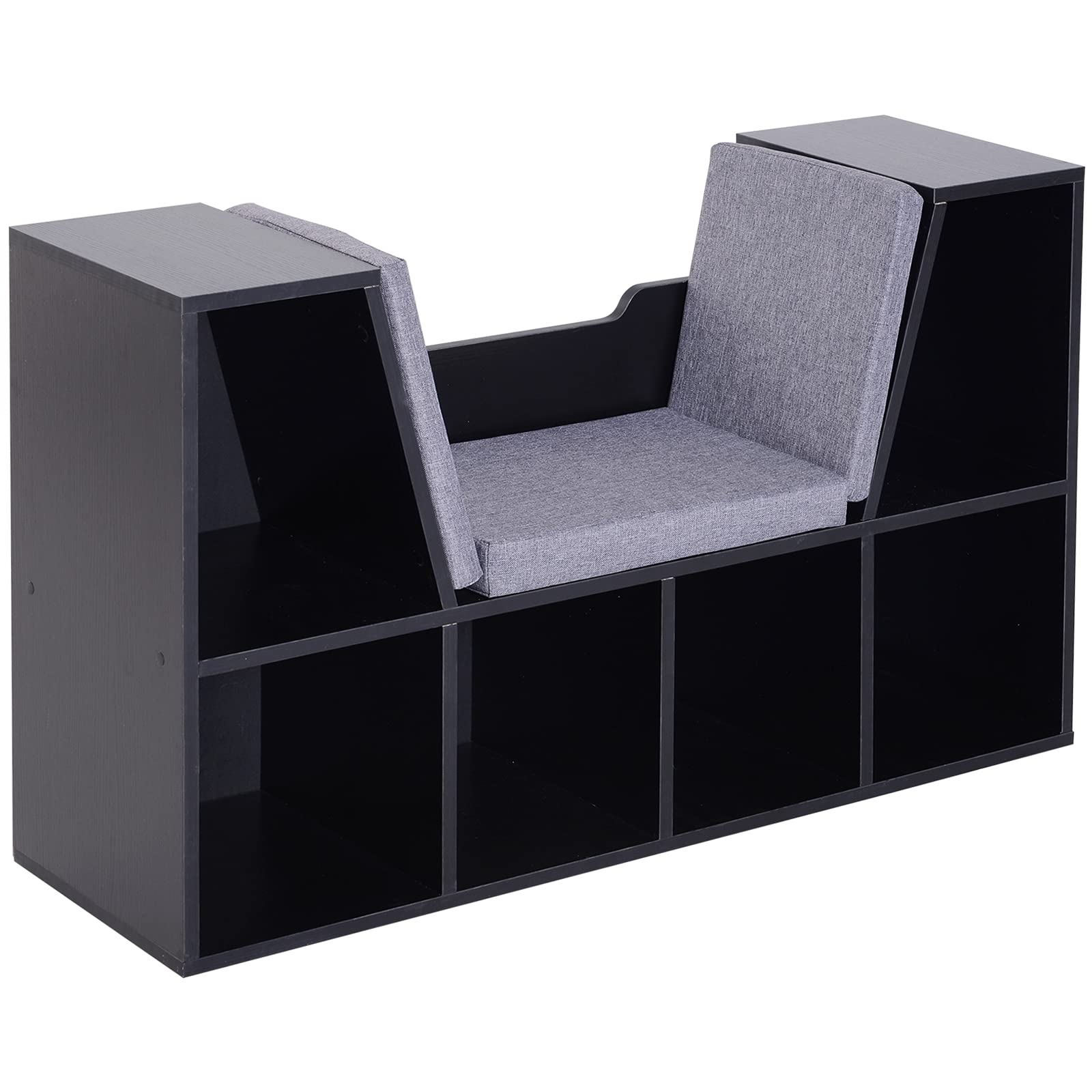 HOMCOM Bookcase Storage Shelf w/Cushioned Reading Seat Bench, Black