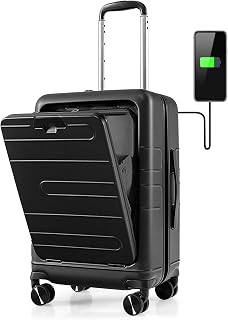 Carry On Luggage, 20 Inch PC Hardside Suitcase with Front Pocket, Foldable Tabletop, USB Charging Port, Double TSA Lock, Spinner Wheels, Lightweight Spinner Trolley for Business Trips (Black)