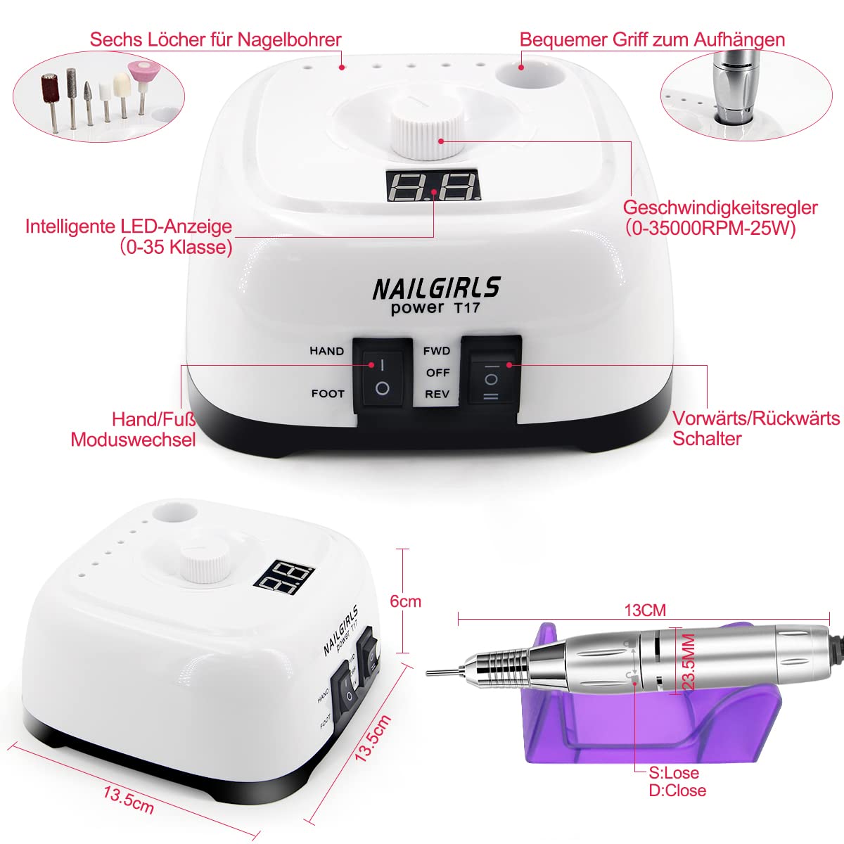 NAILGIRLS Elektrische Nagelfräser, 11 in 1 Nagelfräser für Gelnägel, 35000 U/min, Leise, mit LCD-Display und Fußpedal, Maniküre Set Elektrisch, Maniküre Pediküre Set für Anfänger & Profis(Weiß)