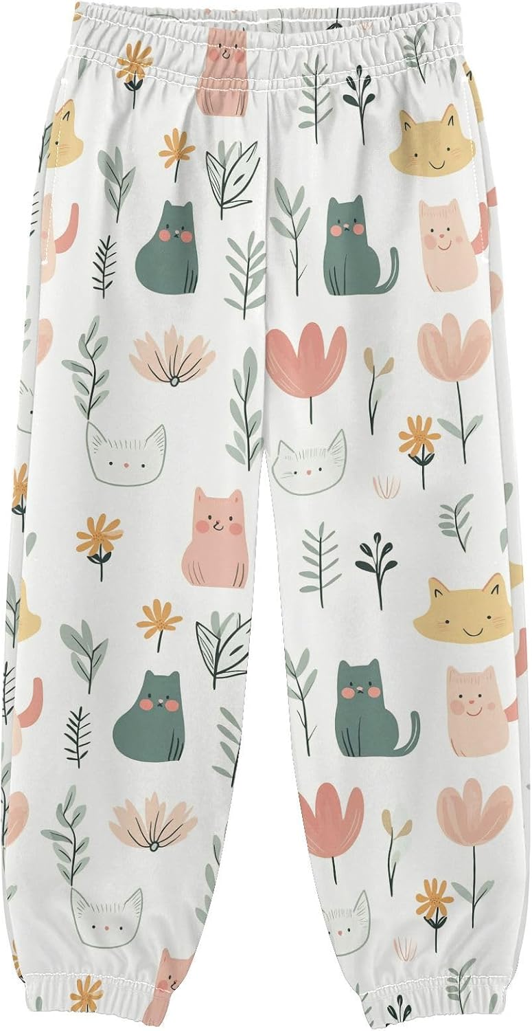 Boy Sweatpants Flower Cute Cat Animal Joggers Casual Athletic Pants Kids Elastic Waist Cuffed with Pockets