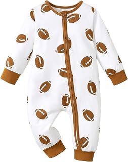 Sasaerucure Baby Boy Long Sleeve Football Romper | 0-18M Newborn Infant Winter Clothes One Piece Long Sleeve Zipper Jumpsuit Game Day Football Onesie