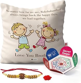 Indigifts Far But Always Close Quote Printed Cushion Cover 12"X12" With Filler, Crystal Rakhi, Roli, Chawal, Greeting Card For Men/Boys