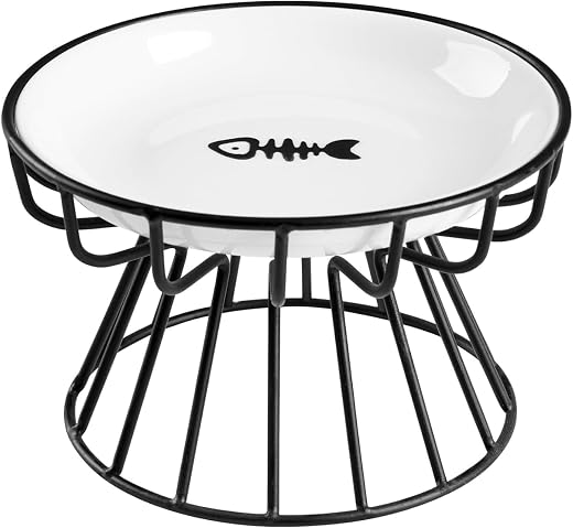 HOMELOFT Elevated Cat Plate Set – Whisker Friendly Anti-Vomit Shallow Ceramic Raised Cat Plates with Metal Stand, Anti-Sli...