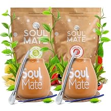 Mate Tee Bio Set Soul Mate - Yerba Mate Energia Guarana & Menta Limon 2x500g - mit 2x Keramik Becher Beige 350ml - 2x Edelstahl Bombilla - Zubeh r - Luftgetrocknet - Wenig Staub - Ideal f r Einsteiger
