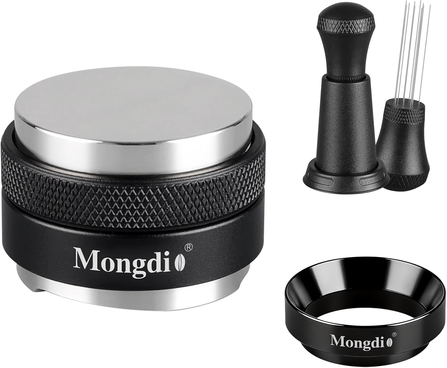 Mongdio 51mm Espresso Accessories Kit, 2 in 1 Coffee Distributor and Tamper Leveler, WDT Tool and Dosing Funnel, Espresso Tool kits for 51 mm Espresso Machines and Portafilters