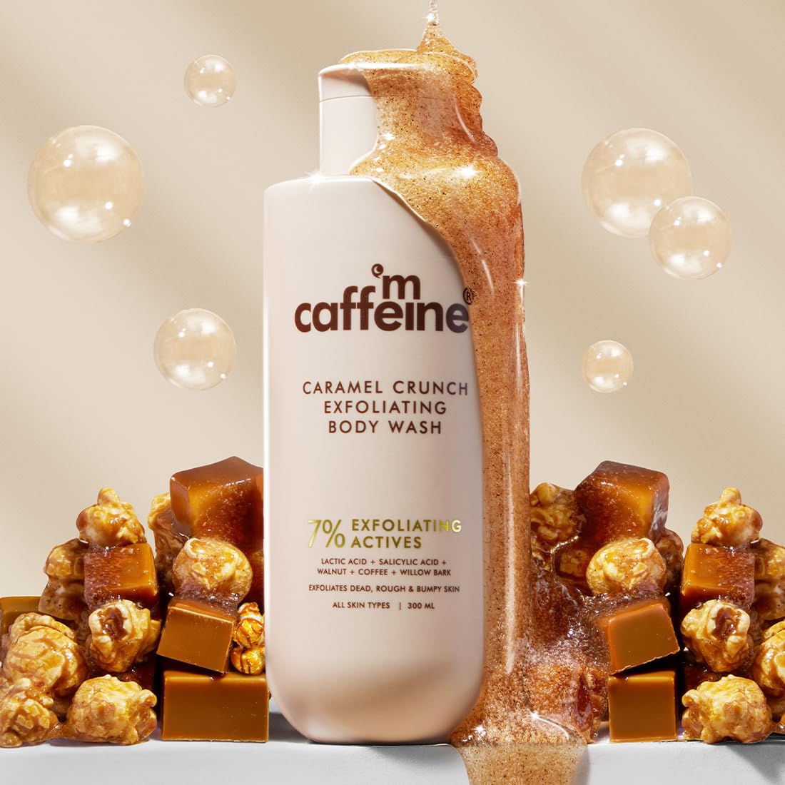 mCaffeine 7% Exfoliating Body Wash 300ml | 1% Salicylic & 2% Lactic Acid | Summer Bodywash for Dry Skin| Reduces Body Acne & Ingrown Hair | Smooth, Hydrated Skin | Sweet Caramel Shower Gel for Women & Men 1