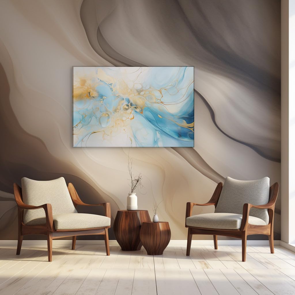 Canvas for Living Room. Dive into a Dreamscape - Unraveling The Swirling Patterns and Bubbling Depths of Blue, White, and Gold in Abstract Art, 27 x 18 inch Canvas Wall Art - Modern Home Decor
