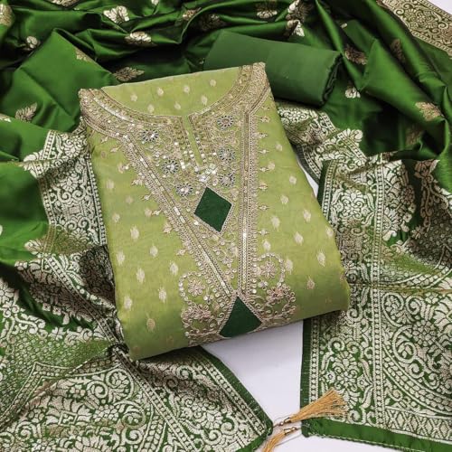Image of Sidhidata Women's Shimmer Zari Butty With Multi Sequence Embroidered Unstitched Dress Material With Banarasi Silk Dupatta (DM Shimmer Free Size)