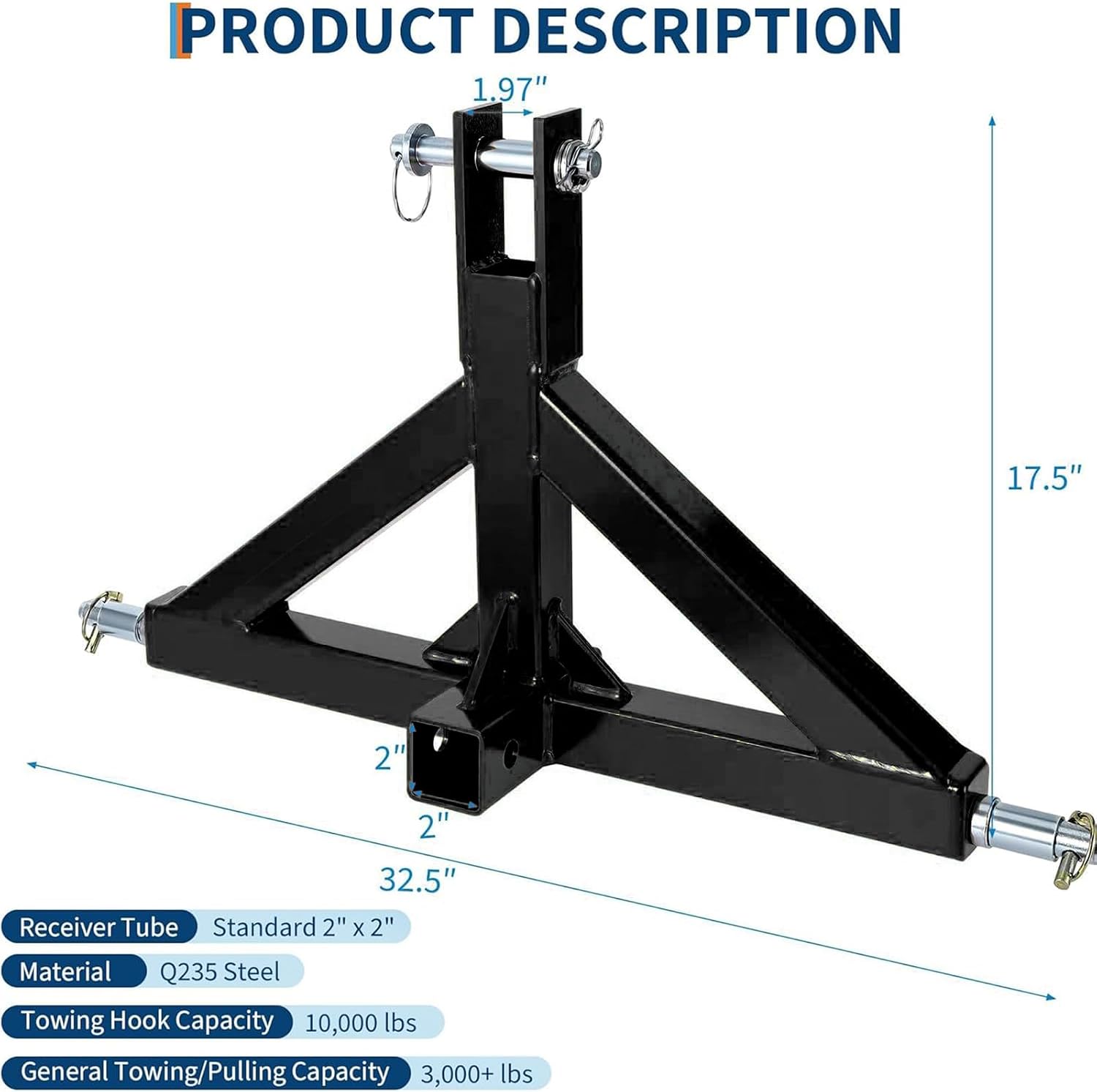 Garvee 3-Point Quick Hitch for Category 1 Tractors, 2" Trailer Receiver & Ball Hitch Combo with Towing Hook, Heavy Duty Drawbar Attachment
