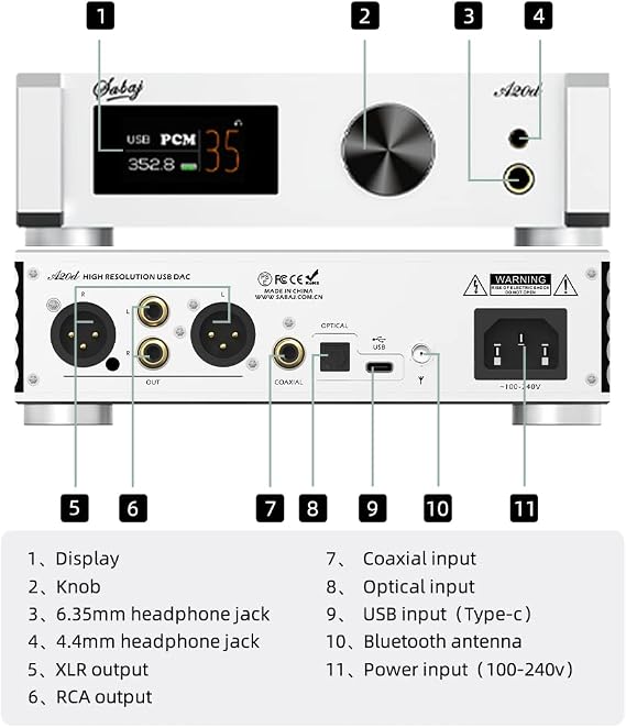Sabaj A20d 2022 Version ES9038PRO Hi-Res Balanced Audio DAC XLR to 4.0 Vrms Headphone Amplifier XMOS XU216 Support LDAC apt-x HD DSD512 MQA USB/Optical/Coaxial/Bluetooth