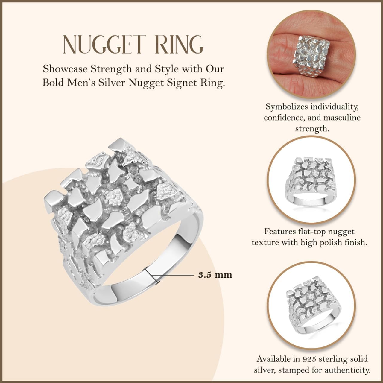 Nugget Rings Men's .925 Sterling Silver Four Corner Square Top | Available in Sizes 6-17