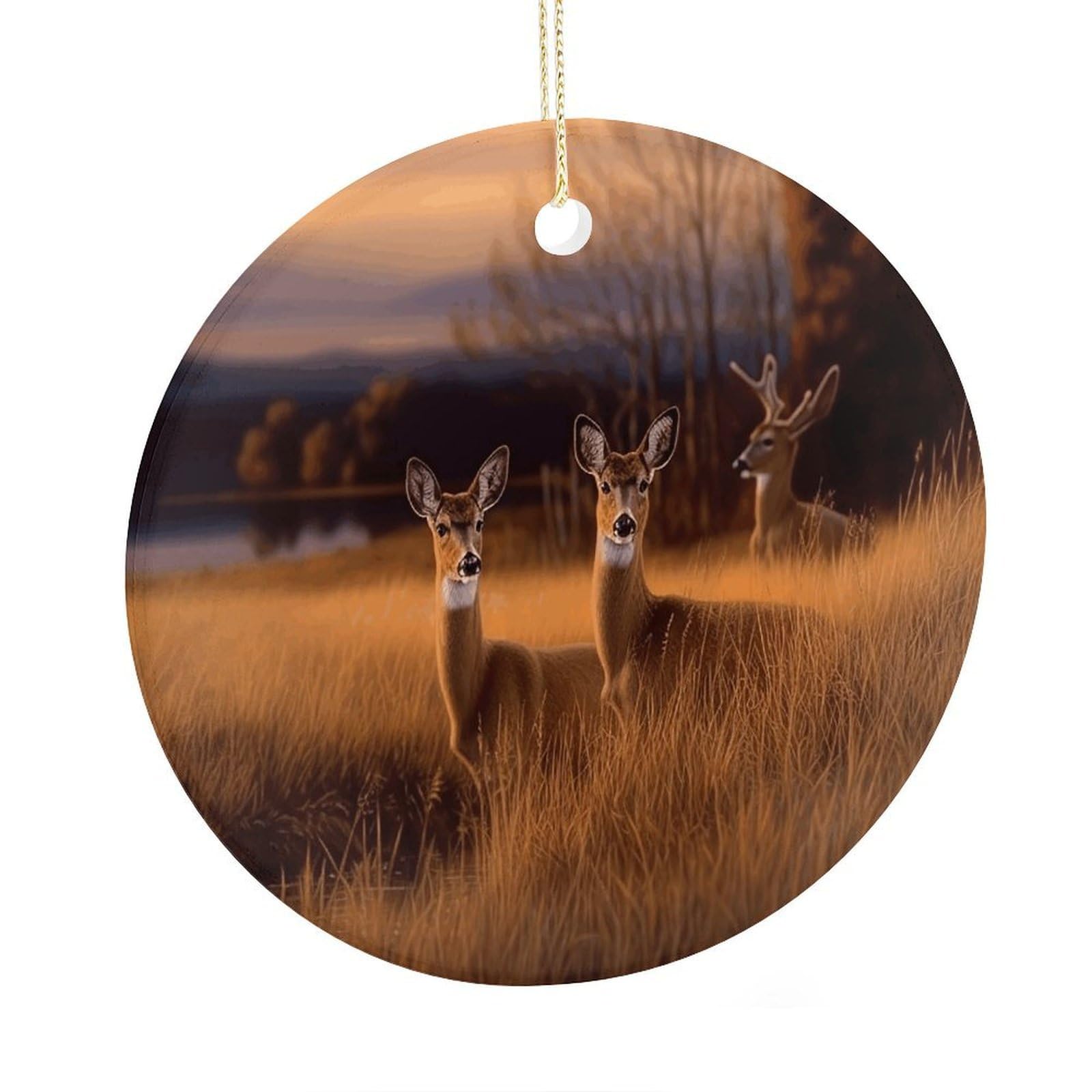 Fekiloot Style Nature Wild Animal Deers Christmas Ornaments 2.9 Inch Round Ceramic Ornament Keepsake Thank You Gifts For Office, Room, Home - Holiday Present Ideas