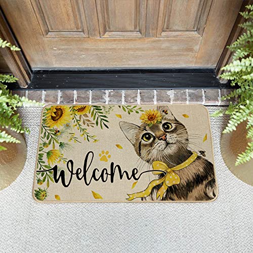 Geeory Sunflower Cat Welcome Decorative Door Mat Summer Floor Mat Farmhouse Home Seasonal Decor For Frontdoor Indoor Outdoor Entrance - 17X29Inch Gk016 #TOP1
