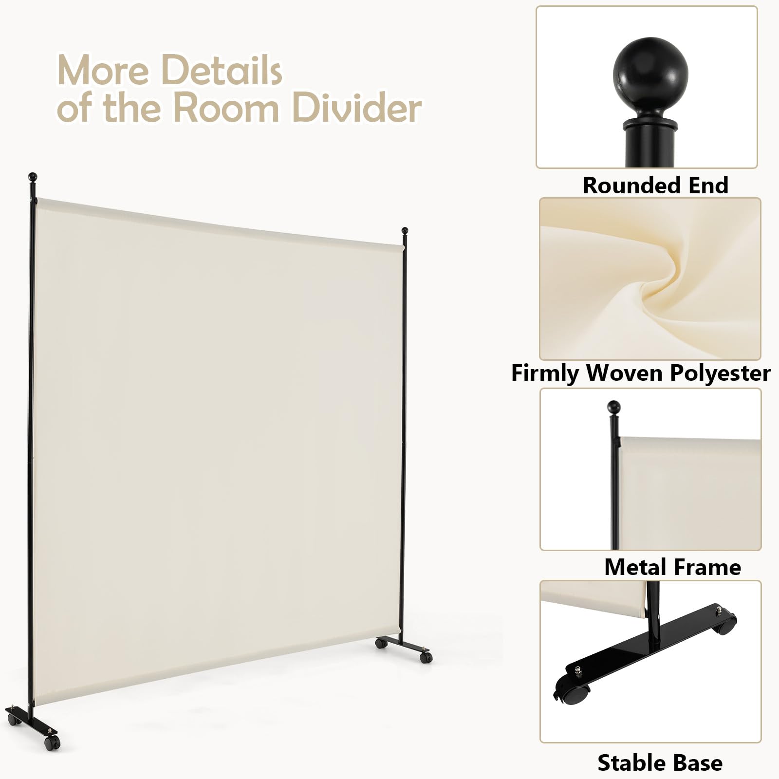 LIFEZEAL Biombo de 1 Panel, Separador para Interior, Exterior, Biombo Móvil Pared Divisoria, Marco de Metal con 4 Ruedas, Protección de Privacidad, Separador de Espacio, Byobu, 184 x 184 cm (Beige)