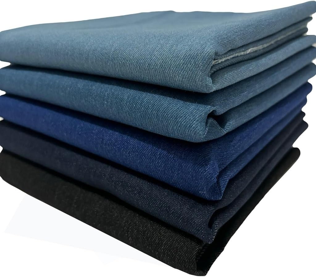 Kiran Collections-Bundle 9 oz Denim Fabric for Sewing, and Crafting/ 5 pcs 18in x 60in precut Denim Fabric Bundle/Jean Material for Quilting, Crafts and Patchwork 150cm Assorted Colors