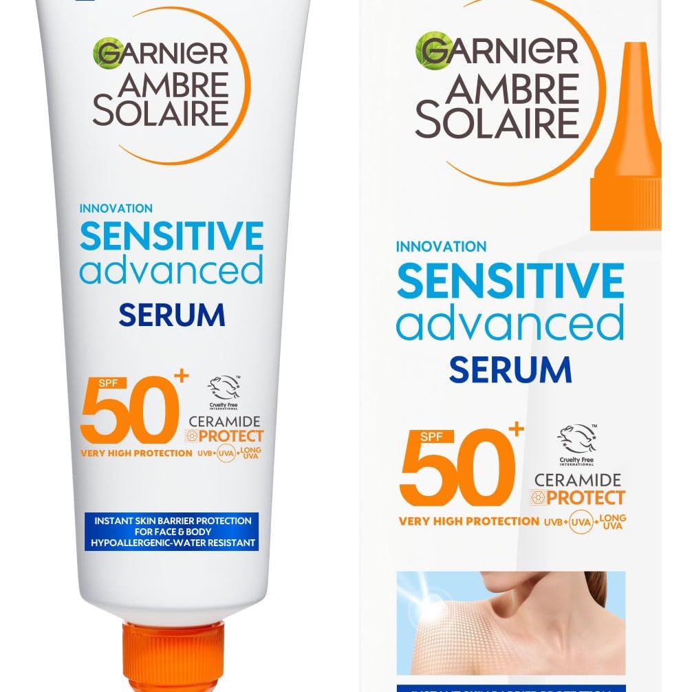 Garnier Ambre Solaire SPF 50+ Sensitive Advanced Serum for Face & Body, Suncreen Factor 50+, UVA & UVB Protect, Suitable for Sensitive Skin, with Ceramide, Water Resistant, Cruelty Free, 125ml