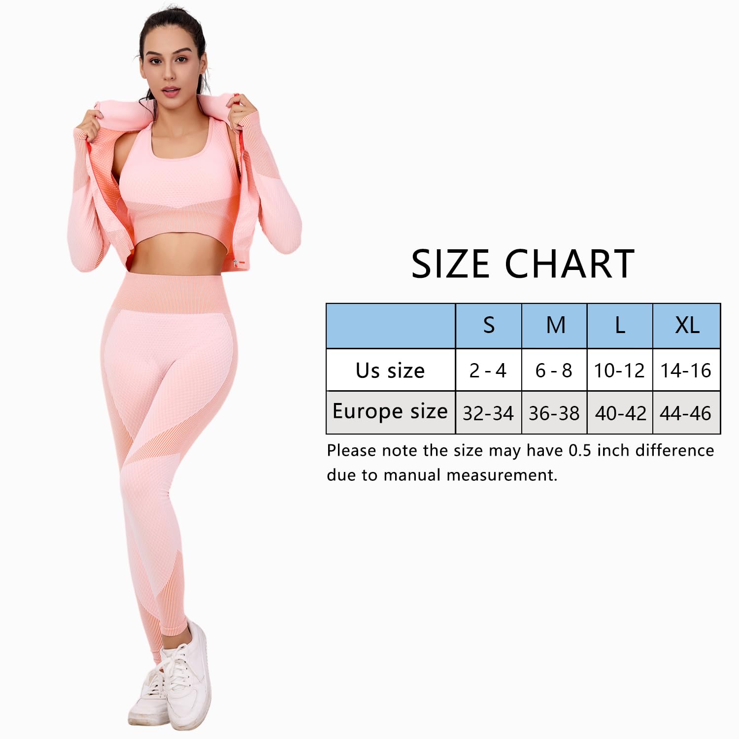 Set da allenamento da donna, 3 pezzi, senza cuciture, leggings a vita alta, reggiseno sportivo e top corto, per yoga e fitness, palestra