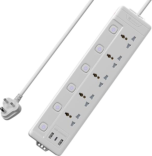 Portronics Power Plate 20 Extension Board with 5 Universal Power Sockets, 3 Meter Long Cord, 2500W Power Extender, 6 Individual Power Switches