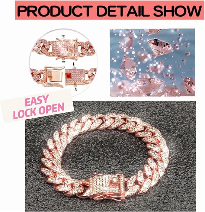 Image of Rose Gold Crystal Cuban Link Dog Collar with Design Secure Buckle Metal Chain Pet Necklace for Small Medium Large Dogs Cats(Rose Glod 16inch)