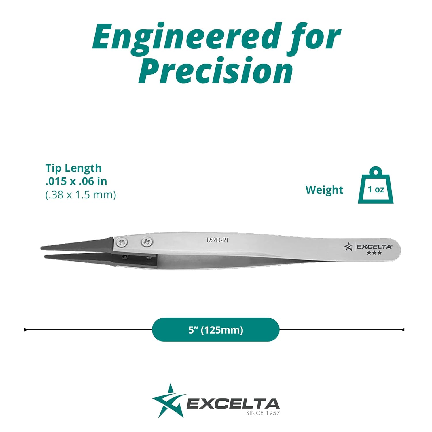 Excelta 159D-RT Precision Tweezers, Replaceable Carbofib Tips for Delicate Electronics, Straight Tip, Anti-Magnetic Neverust Stainless Steel Construction, ESD Safe, Heat Resistant, 5 Inch