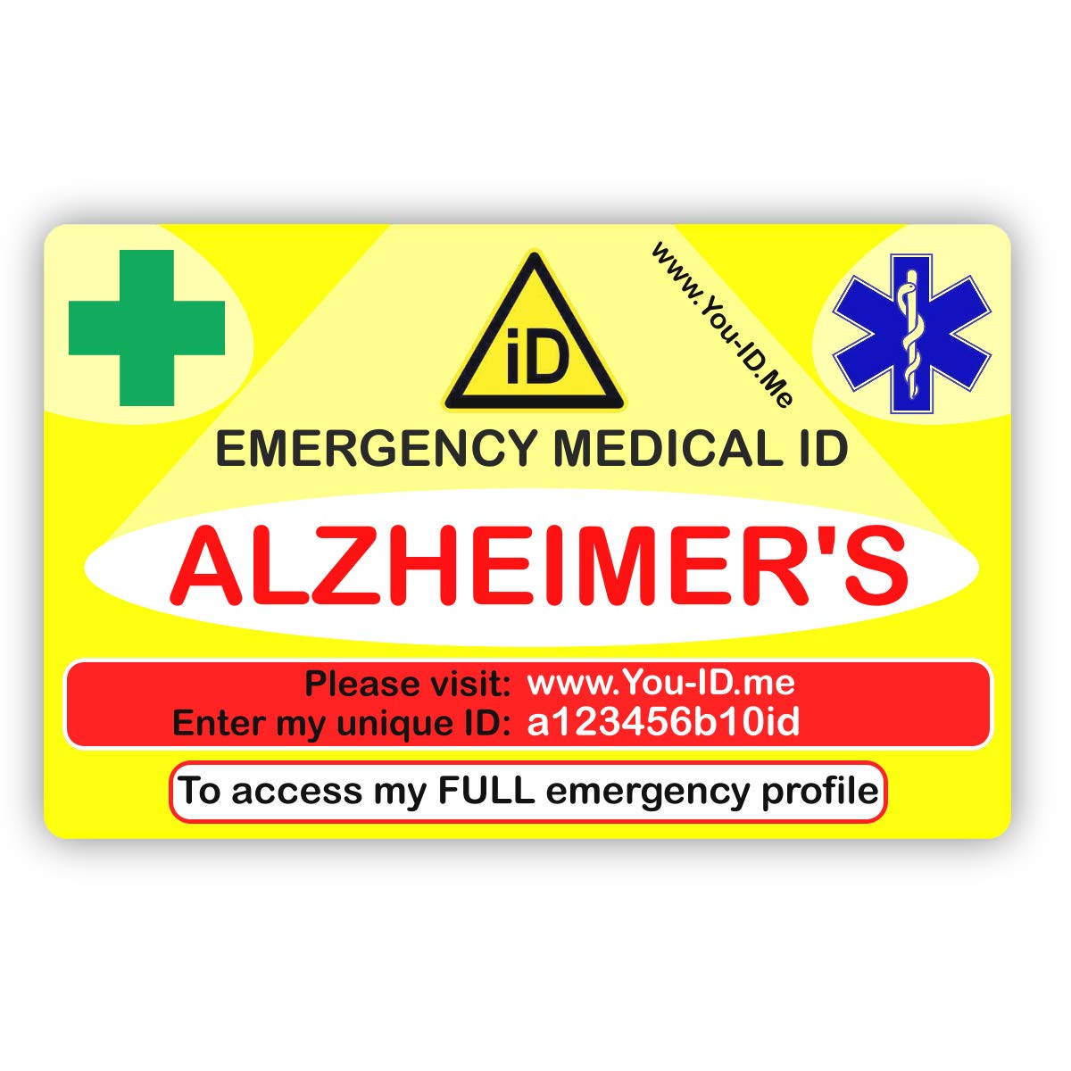 Medical Alert Card, Emergency ID, Medical Identity Card, Personalised to Your Condition, Awareness of Medications, ID and Contact SMS System Options (Alzheimer's Disease)