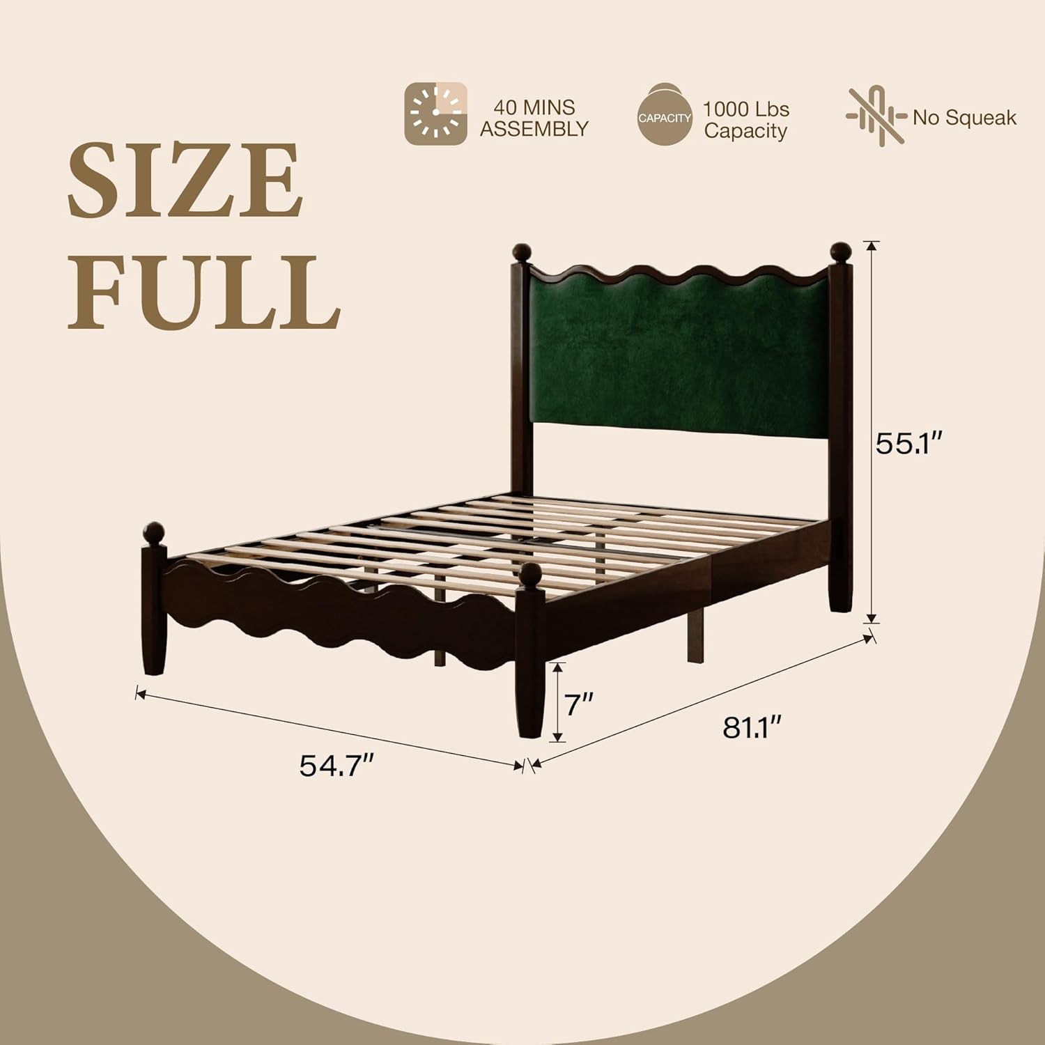 Wood Bed Frame Full with Vintage Wave Headboard, 48" Tall Velvet Upholstered Bed Frame, Mattress Foundation, No Box Spring Needed, Easy Assembly, Green