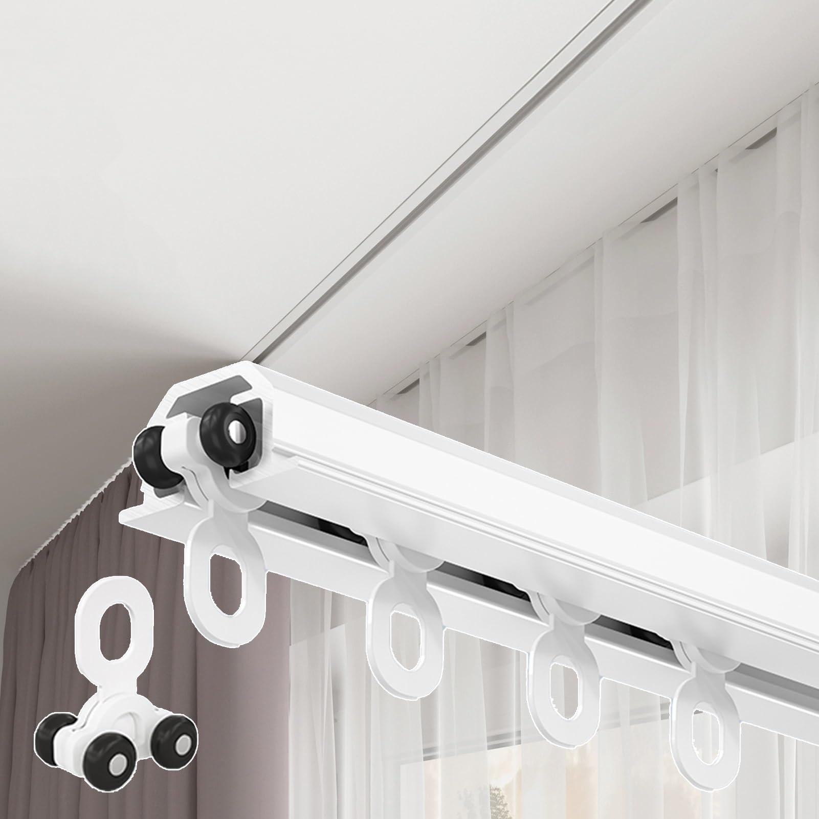 Rail de Rideau Encastré Caché - Rail Rideaux Plafond Ultra-Fin de 16 mm en Aluminium avec Poulie Silencieuse, 1-6 m Tringle à Rideau Separation de Piece pour Chambre Salon Hôtel(Blanc,6m(19.7ft))