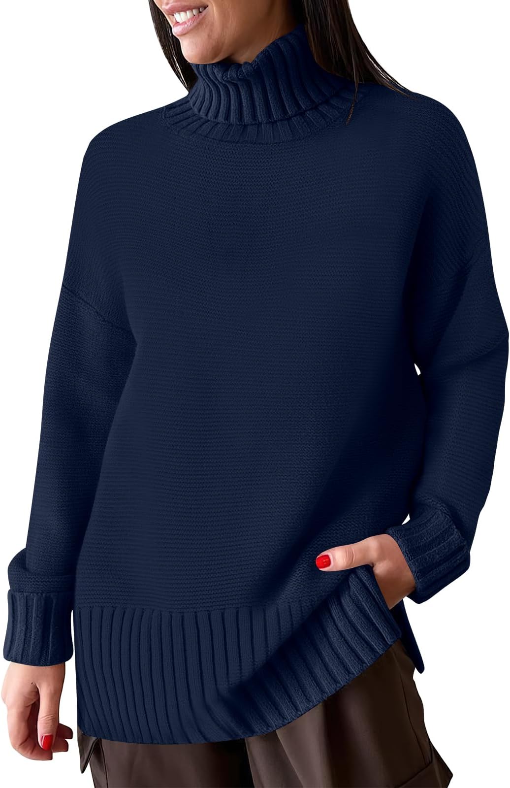 ANRABESS Womens Turtleneck Sweaters Oversized Long Sleeve Split Hem Chunky Knit Casual Pullover Sweater Tops Jumper