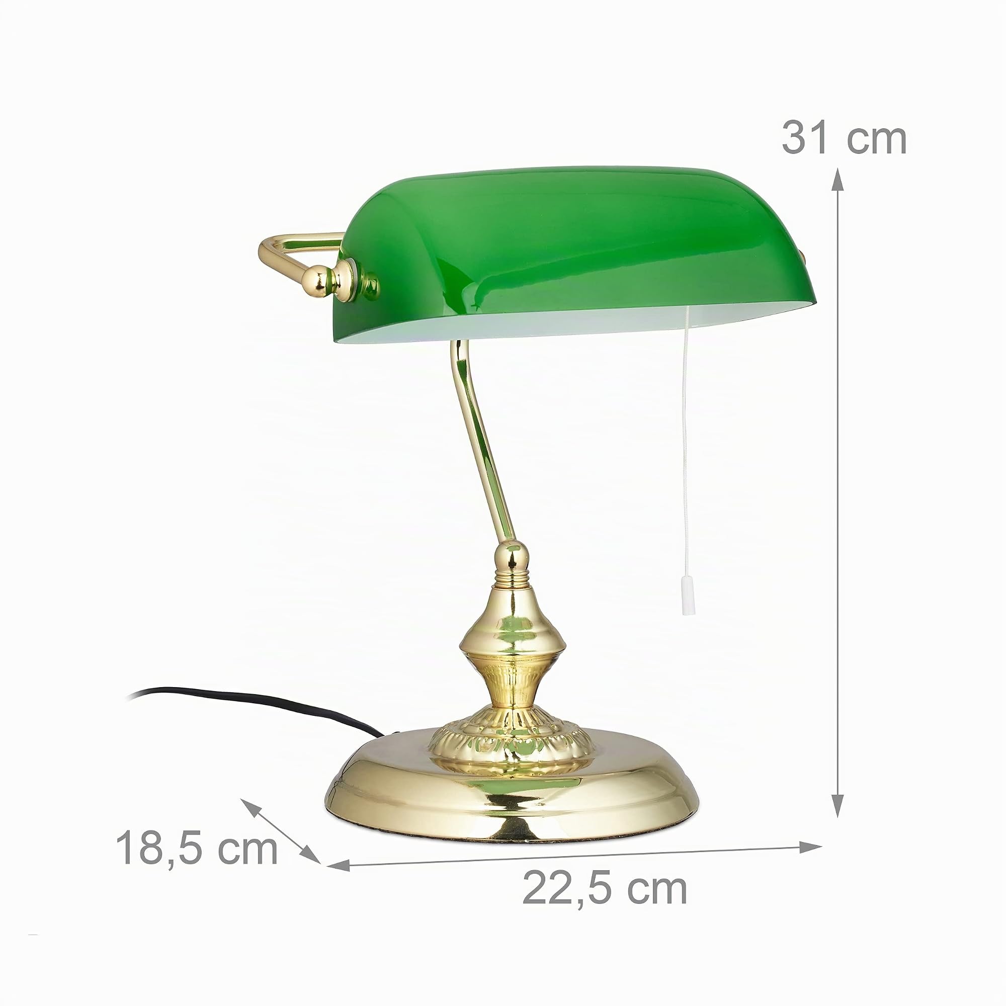 Relaxdays Lampada da Scrivania con Interruttore a Catena, Verde, Base Rotonda, Vintage, Vetro HLP 31x22,5x18,5cm, ottone