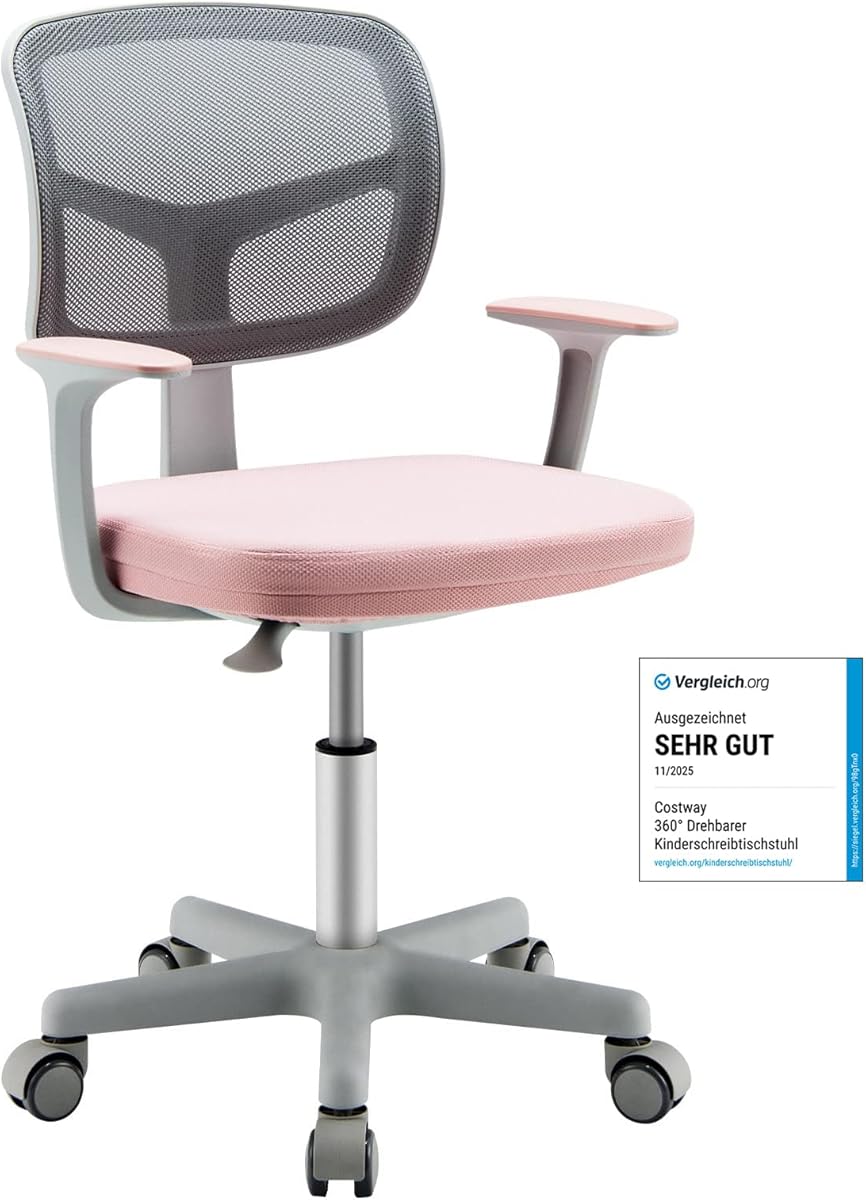 COSTWAY 360° Drehbarer Kinderschreibtischstuhl, 80-91,5 cm Höhenverstellbarer Jungendstuhl mit Rückenlehne & Armlehnen, Computerstuhl mit 5 Rollen für Kinder von 3-10 Jahre alt (Rosa)