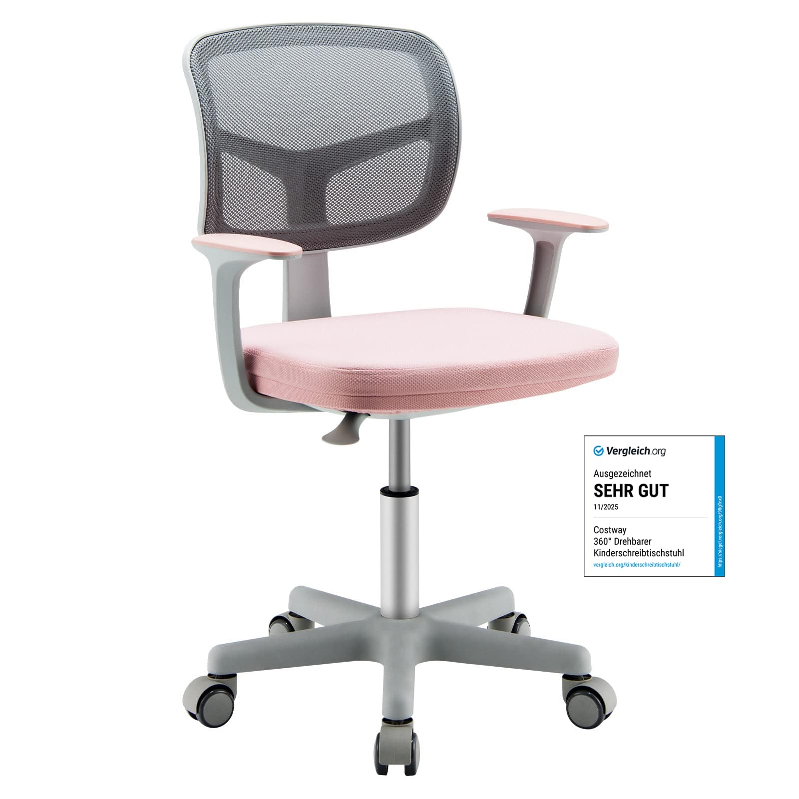 COSTWAY 360° Drehbarer Kinderschreibtischstuhl, Höhenverstellbar 80-91,5 cm, mit Rückenlehne & Armlehnen, 5 Rollen, für Kinder 3-10 Jahre (Rosa)