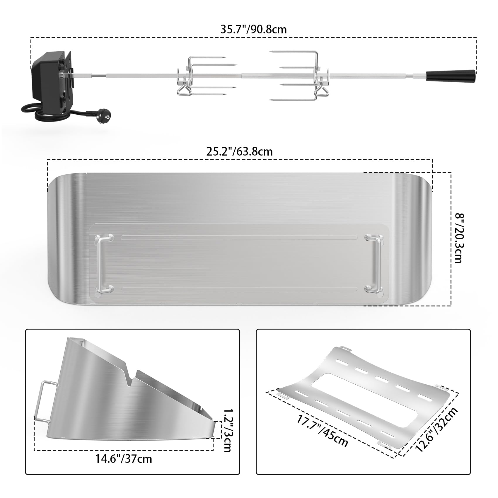 onlyfire Edelstahl Grillspieß Set für Weber Traveler Gasgrill, Pizzaring Set mit Grillspieß, 2X Fleischnadeln und Elektromotor, Rotisserie Drehspieß für Hähnchen, Braten