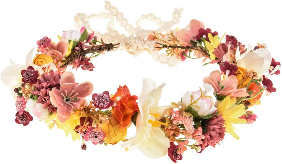 Vividsun Adjustable Flower Crown Floral Headpiece Floral Crown Wedding Festivals Photo Props (K/white yellow orange)