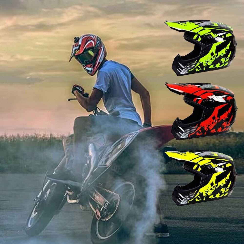 Casques de Motocross pour Enfants de 9 à 14 Ans avec Lunettes, Gants Et Masque, Lot de 4 PièCes, Casques de VTT Tout-Terrain pour GarçOns Et Filles, HomologuéS Dot