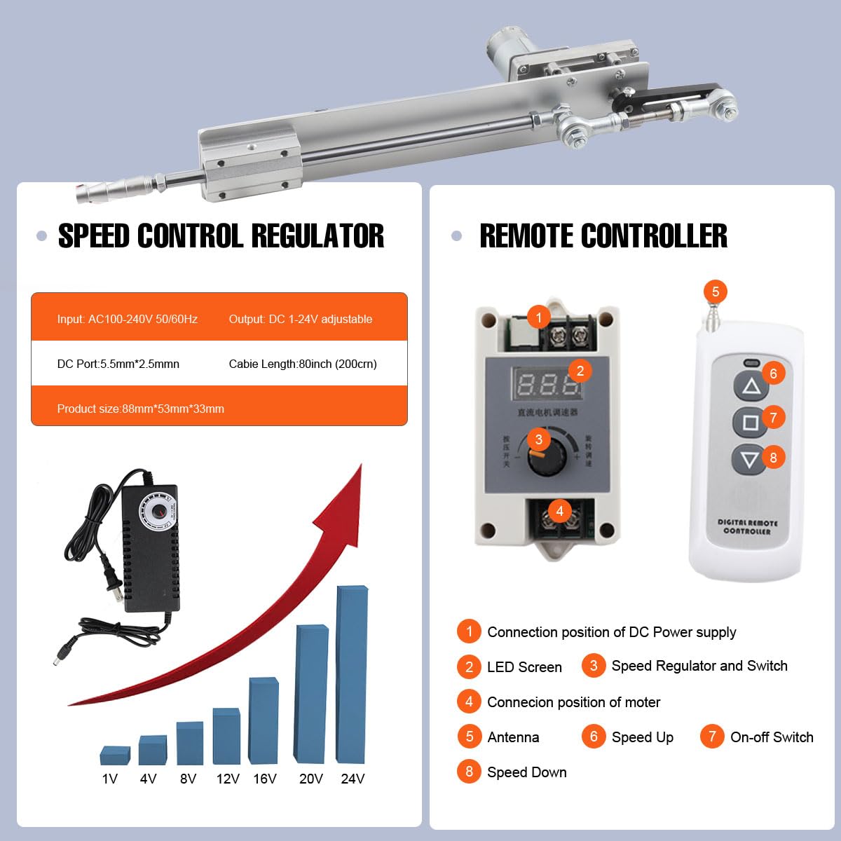 Kit de actuador lineal recíproco de ciclo DIY SOFEDY Motor telescópico CC 24 V carrera 30 mm-150 mm con control remoto adaptador de corriente CC velocidad variable ajustable 120 RPM con kit de soporte