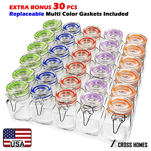 Spice Jars Airtight 3.7oz small mason Glass Jars with Leak Proof Multi Color Gasket + Hinged Lid + Reusable Chalkboard Label Multipurpose Spice Containers Herb Seasoning Art Craft Storage Empty 30 Pack