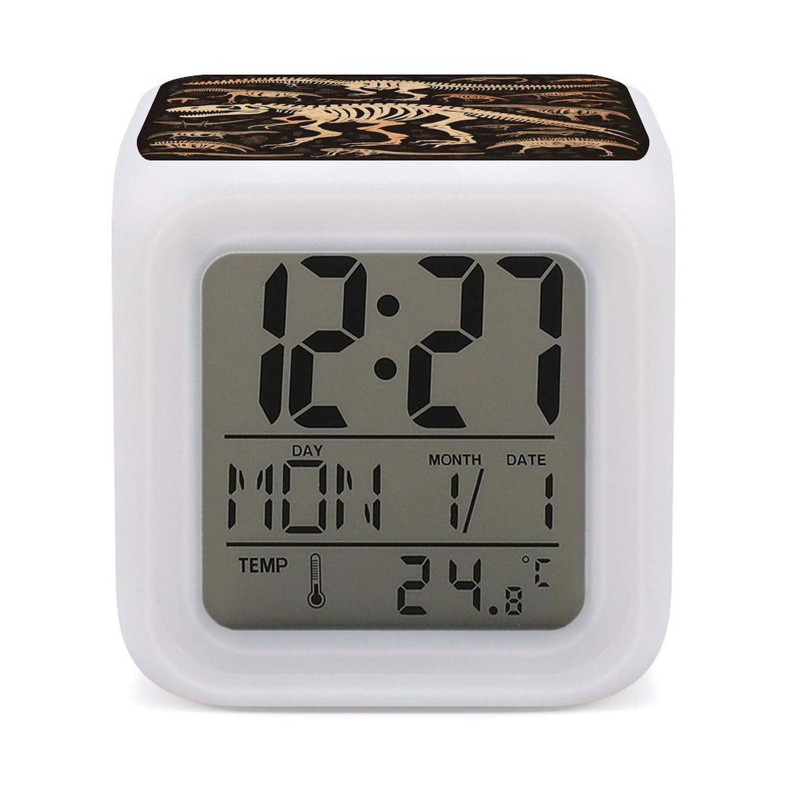 VstaDank Dinosaur Skeleton Print Alarm Clock for Bedrooms Small Clocks with 7 Color Night Light Desk Clock with Large Numbers Loud Wake Up Timer Ideal for Gift & Room Decor