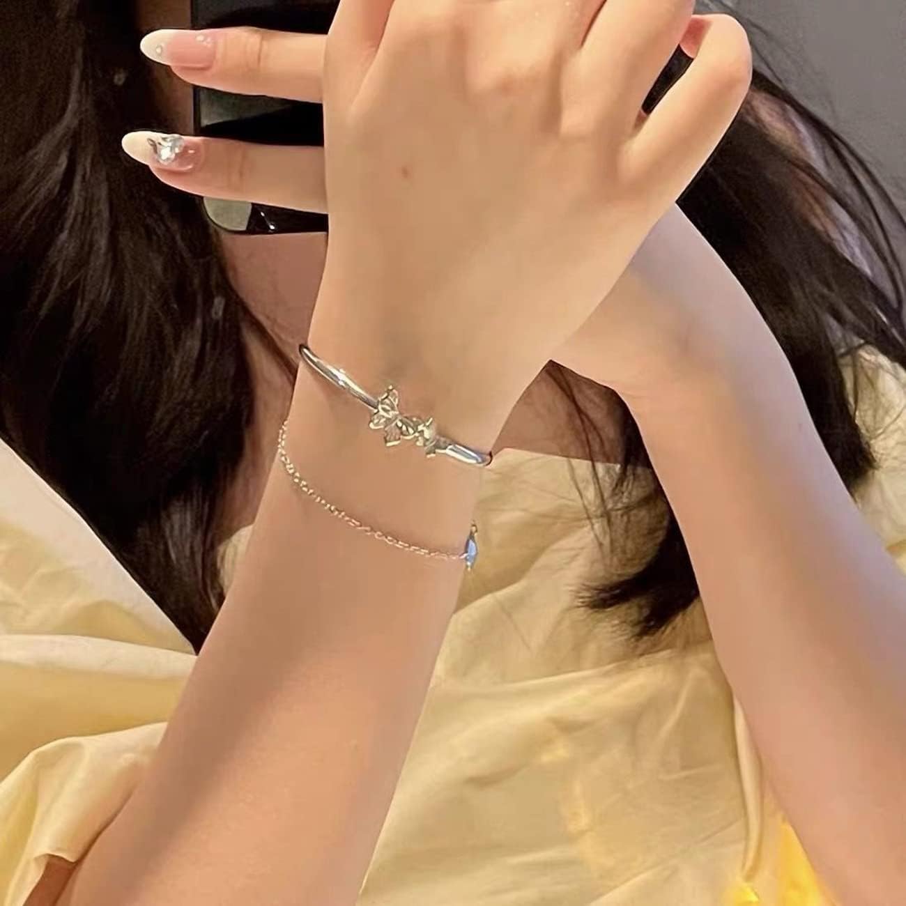 Silver Butterfly Bracelets for Women - Adjustable Layered Dainty Link - Image 3