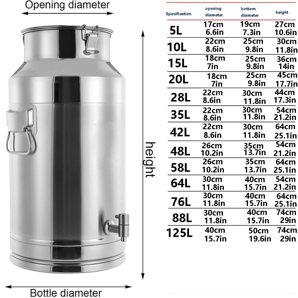 HEFJIAYCIQ 304 Stainless Steel Milk Can, Wine Pail/Milk Bucket with Sealed Lid, Airtight Food Storage Container for Home, Farm, Commercial Kitchen,Silver,48L/12.6Gallon