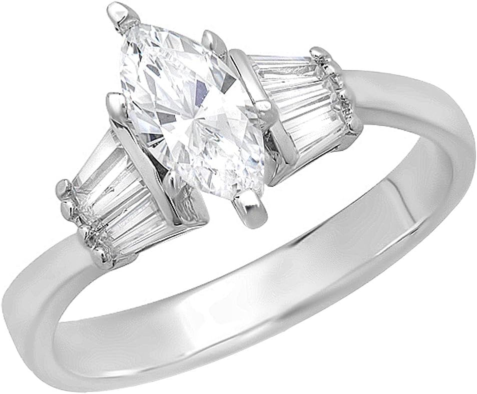Dazzlingrock Collection 1.25 Ctw 14K Marquise & Baguette Cubic Zirconia Solitaire with Accents Engagement Ring, Solid White Gold