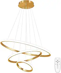Luminária Pendente LED Moderna Dourada De 3 Anéis, Luminária De Teto Regulável Por Controle Remoto, Luminária Pendente De Embutir Redonda, 3000-6000K
