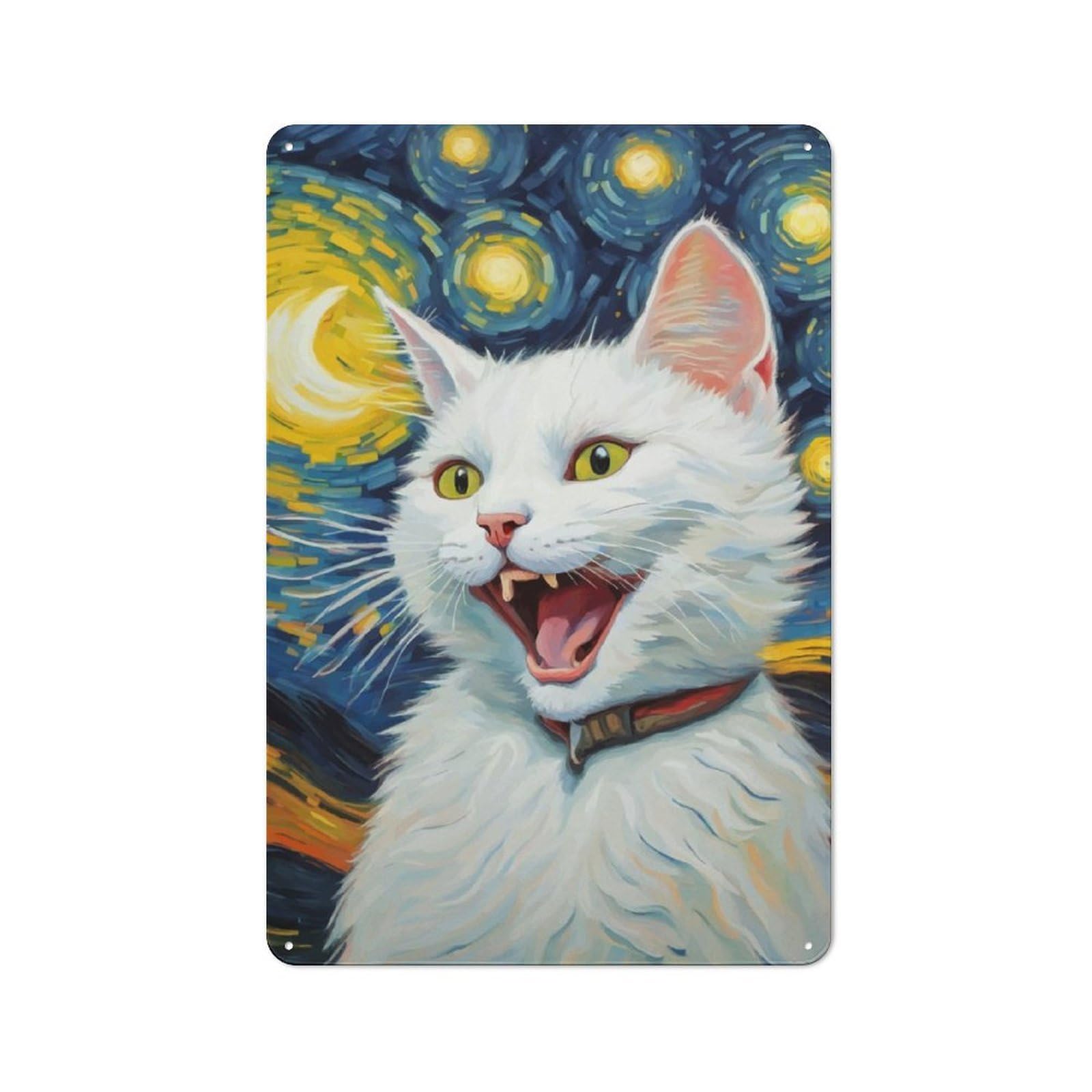 Character Decorative Tin Plaque 30x20cm Featuring White Cat, Home Wall Decor for Flat, Dorm Room, Lounge Or Cafe