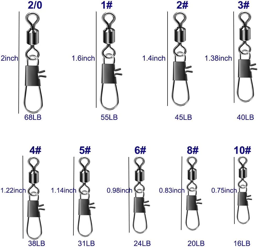 Barrel Snap Swivels Fishing, 100pcs Rolling Swivel with Safety Snap Copper Stainless Steel Fishing Line Connector for Saltwater Freshwater