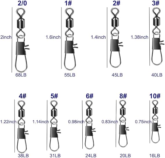 Barrel Snap Swivels Fishing, 100pcs Rolling Swivel with Safety Snap Copper Stainless Steel Fishing Line Connector for Saltwater Freshwater