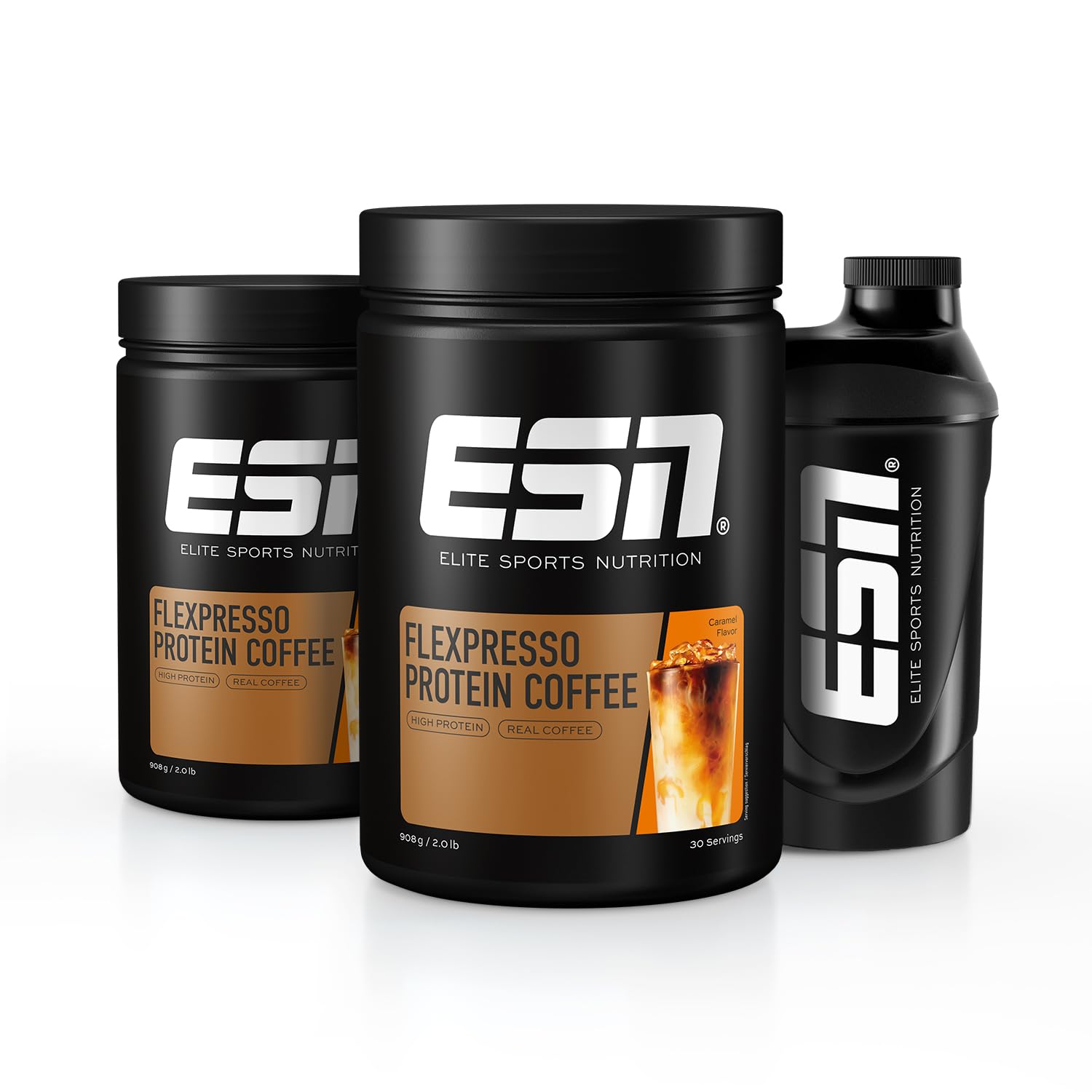 ESN Flexpresso Protein Coffee + Gratis Shaker, Karamell, 2 x 908 g | Cremiger Protein-Kaffee mit bis zu 22 g Protein pro Portion - made in Germany