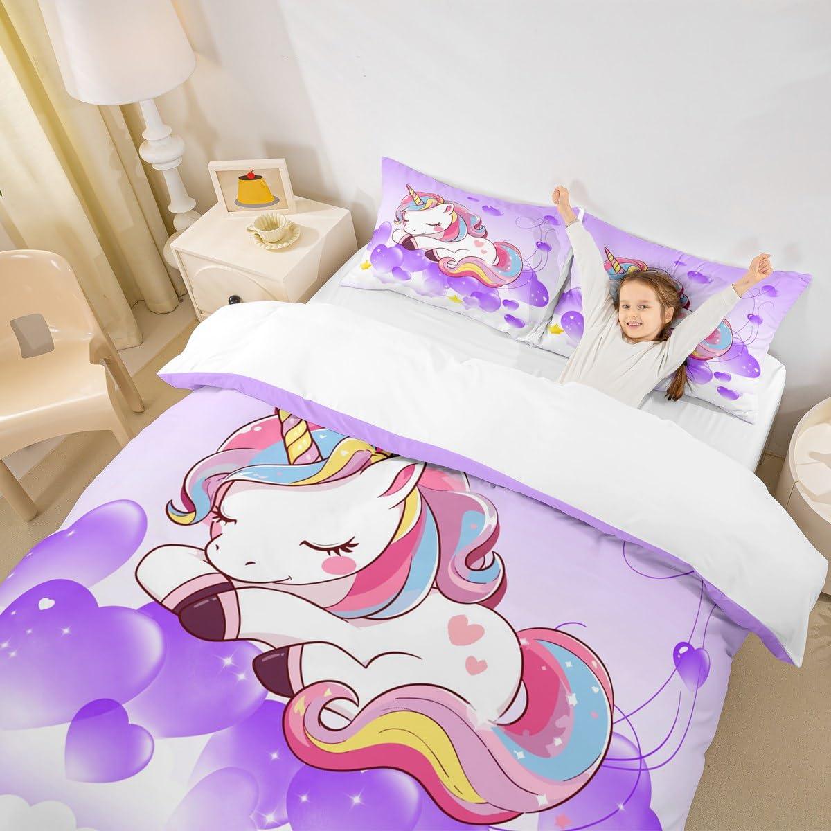 Juego de ropa de cama para niñas, diseño de unicornio, tamaño King, estampado de animales, juego de ropa de cama para mujer, unicornio mágico, juego de ropa de cama con diseño de corazón, morado, 3