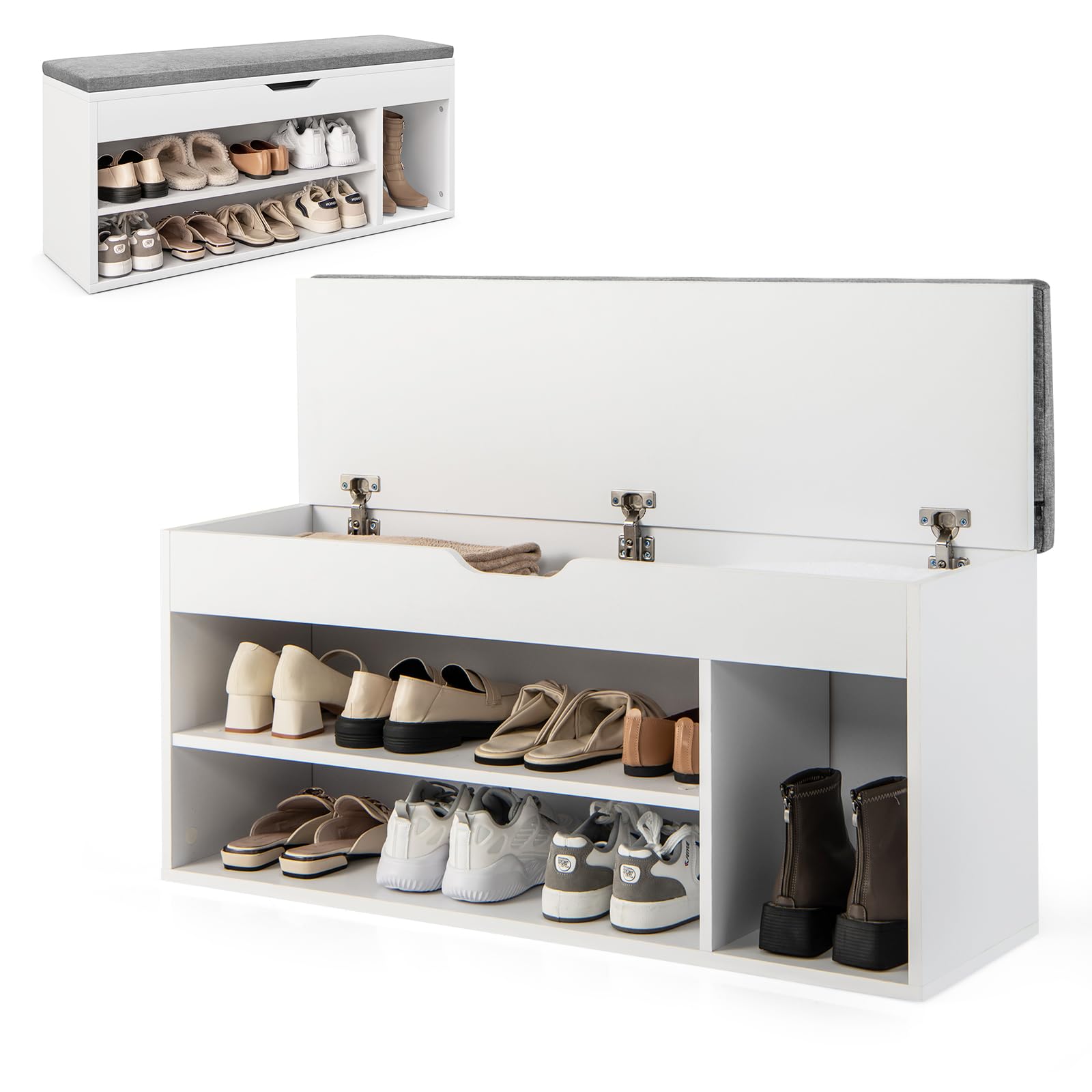 HOMASIS Scarpiera con Seduta Imbottita, Cassapanca Contenitore da Interno in Legno, Scaffale Portascarpe con 3 Scomparti e Cassetto per Ingresso, Corridoio, 104 x 30 x 48 cm (Grigio e Bianco)
