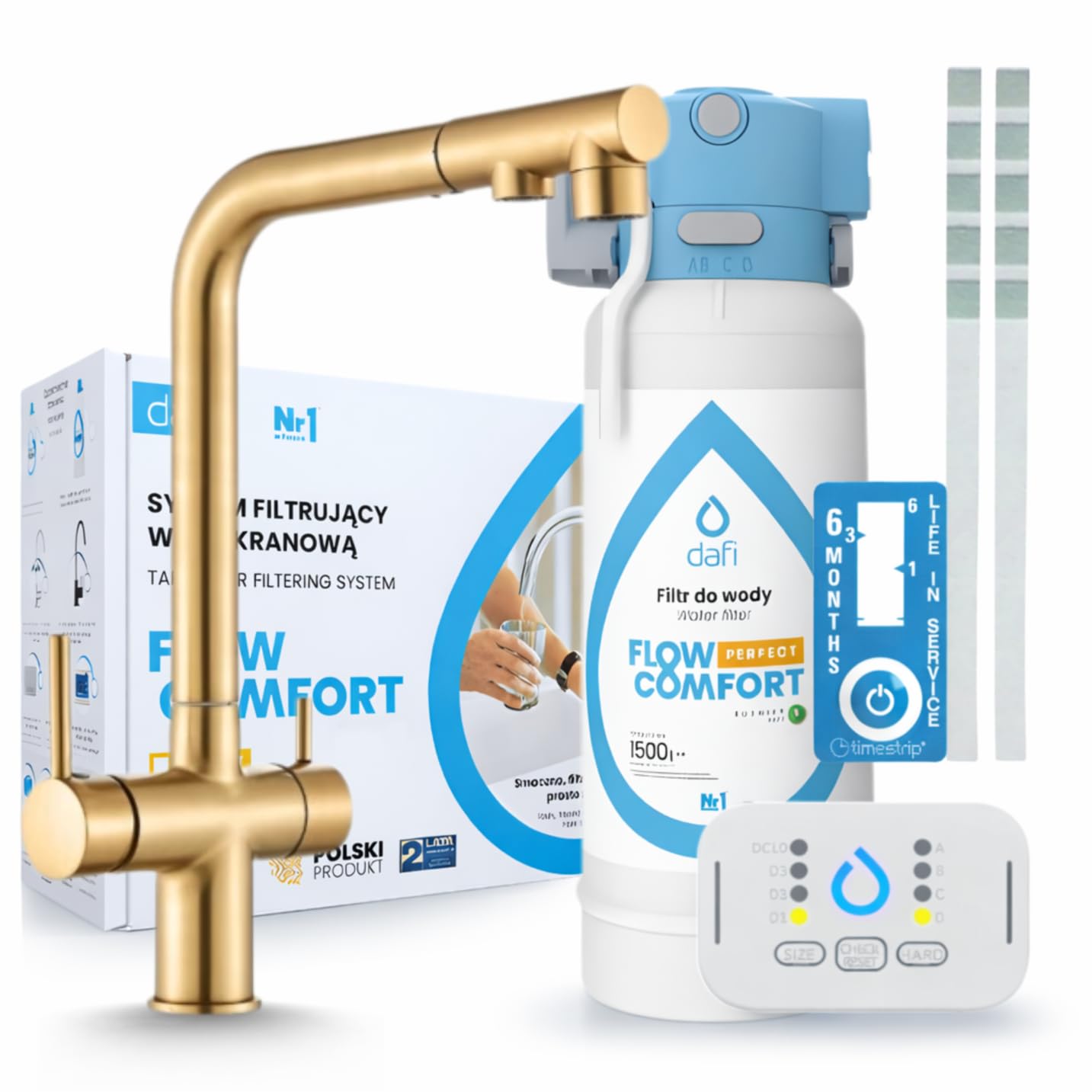 3-drożna bateria kuchenna Venom Pull-Out z systemem filtra wody Flow Comfort, wyciągana słuchawka, obracana o 360°, montaż jednootworowy, mosiądz, do zimnej i ciepłej i filtrowanej wody (złota)